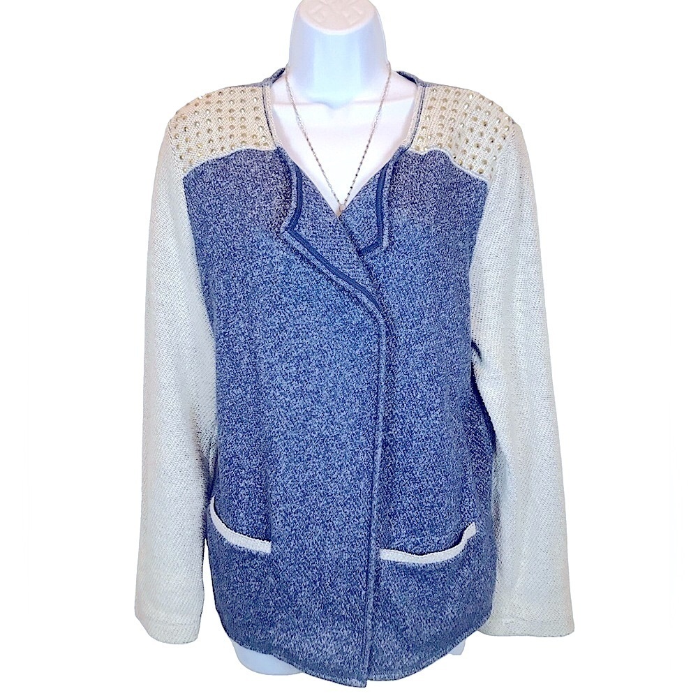 DENIM-LOOK TWO-TONE KNIT WRAP CARDIGAN, GOLD STUD DETAIL, SZ XL, STYLE & CO
